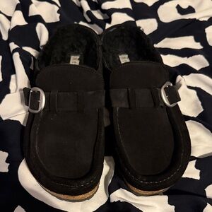 Birkenstock Buckley Shearling Black Suede Loafers with Buckle